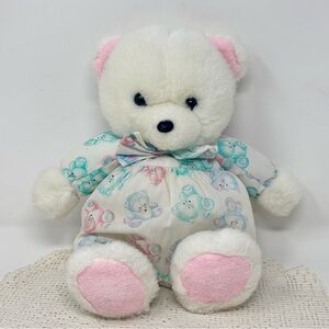 Vintage Carters White TEDDY BEAR Rattle Pastel Print Terrycloth Feet Ears Lovey